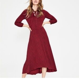 Boden Rosa Midi Jersey Swing Dress Tie Neckline Red with Navy Polka Dots